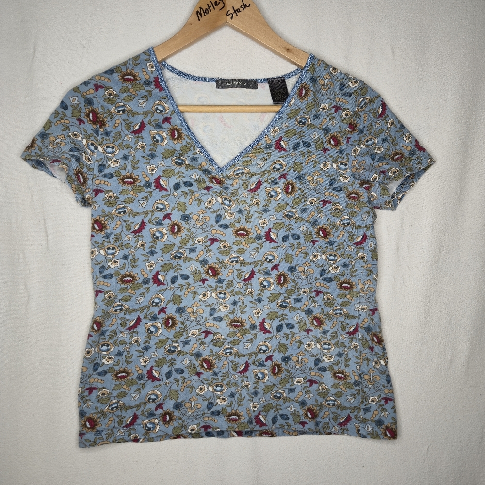 Liz Claiborne Ladies Blue Floral V Neck Short Sleeved Top Size Petite Medium